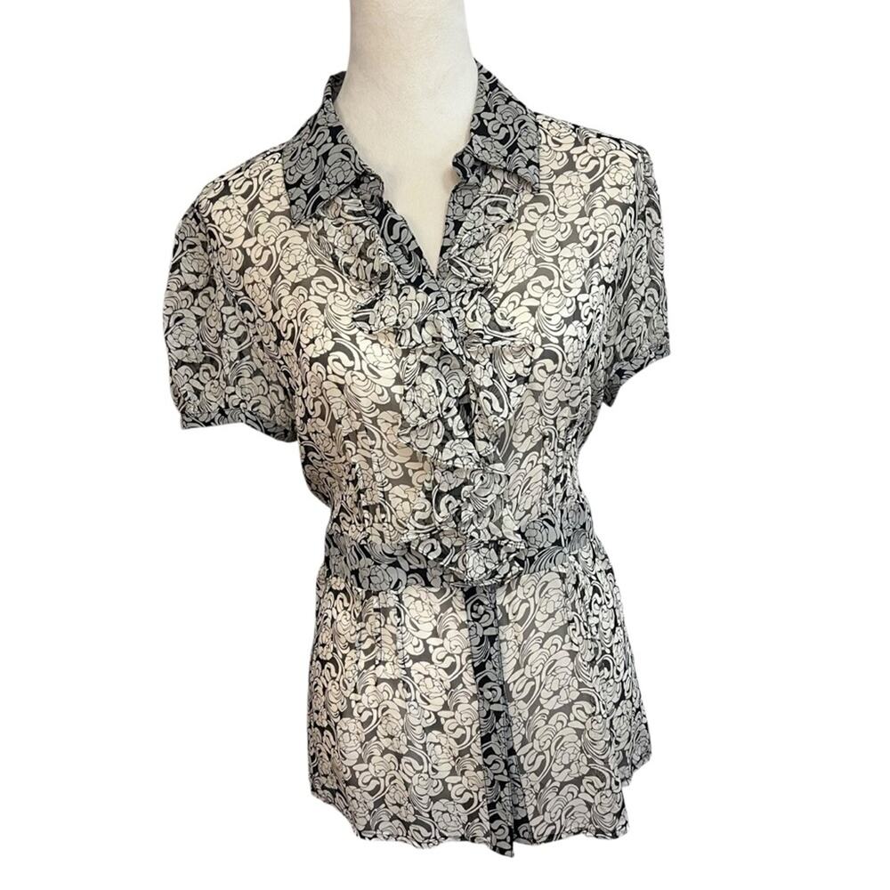 Alfani 100% Silk Ruffle Front Blouse Size 8 – Black & Ivory Floral Sheer Top
